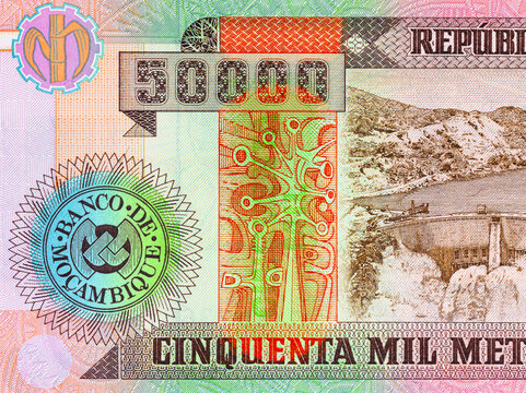 Fragment of a banknote Mozambique 50000 Meticais 2003. Mozambique money