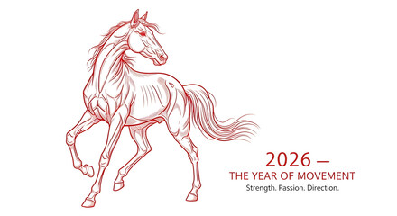 Red horse illustration symbolizing the year 2026 and movement  