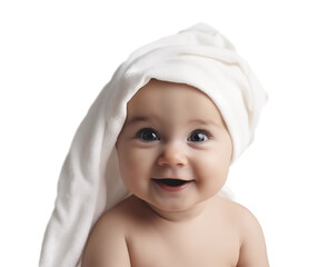 Portrait of happy smiling cute baby with  white towel cutout, baby, toddler, small, children, cute, beauty, beautiful, bathe, isolated png