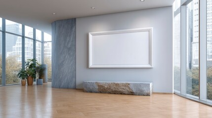 Bright room with a large framed blank canvas hanging over a rock bench Skyscrapers visible through tall windows