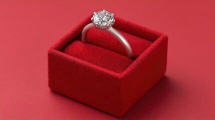 Diamond ring in a red velvet box on a matching red surface