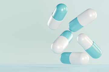 Blue and white capsules floating against a light background, illustrating medicine or pharmaceuticals. 3d rendering
