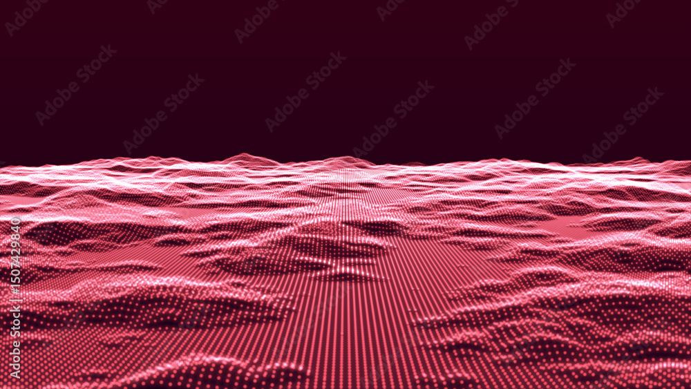 Poster futuristic abstract digital landscape - purple version and retro land. flying over data patterns, ab