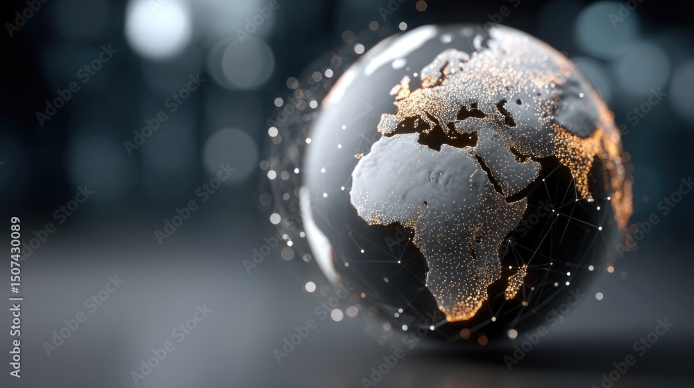 Poster visual representation of a futuristic global network with planet earth composed of glowing elements 