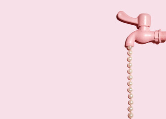 Water stream from the faucet, pastel pink aesthetic concept