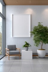 Interior scene showing a gray armchair potted plants and a framed blank canvas against a textured wall and tiled floor