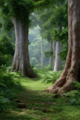 Fototapeta premium Lush forest path flanked by massive trees green foliage and a misty background