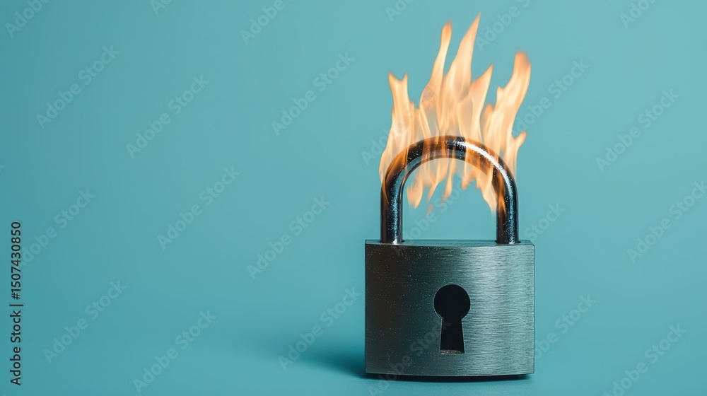 Poster lock with flames representing security threats and vulnerability in digital age of cybersecurity cha