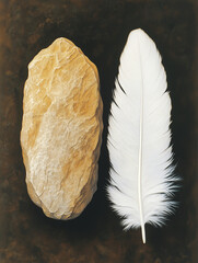 A golden stone and a white feather on dark brown background, symbolizing natural elements and grounding energy.
