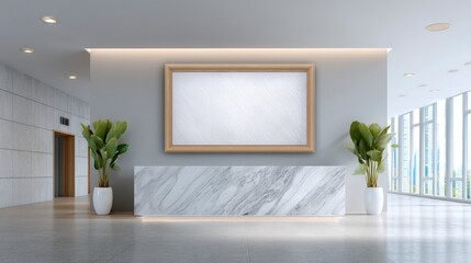 Modern interior with marble desk plants and frame