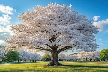 Naklejka premium Full bloom cherry trees in park near forest area