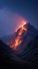 Mountain ablaze with light under a starry sky glowing down slopes