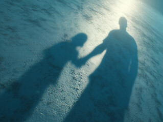 A child and adult shadow holding hands on a frozen surface, symbolizing trust, guidance, and togetherness.
