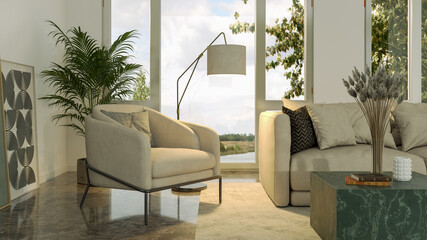 Large luxury modern bright interiors Living room mockup illustration 3D rendering image