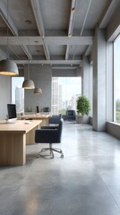 Fototapeta premium Open office desks chairs views large windows concrete ceiling with lights