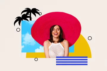 Fototapeten Exclusive creative sketch collage of happy girl wear straw hat enjoy summer clouds sky weather hot relax occasion weekend © deagreez