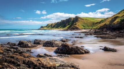 Serene Coastal Landscape with Rocky Shoreline and Lush Green Cliffs Under a Bright Blue Sky and Calm Waves at a Scenic Beach Location