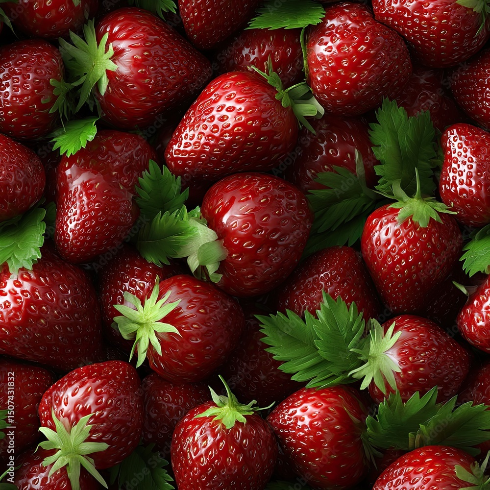 Poster glossy strawberries fill the center while lush strawberry fields create a refreshing and appetizing 