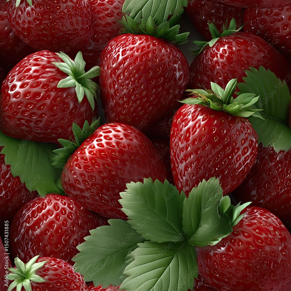 Poster glossy strawberries fill the center while lush strawberry fields create a refreshing and appetizing 