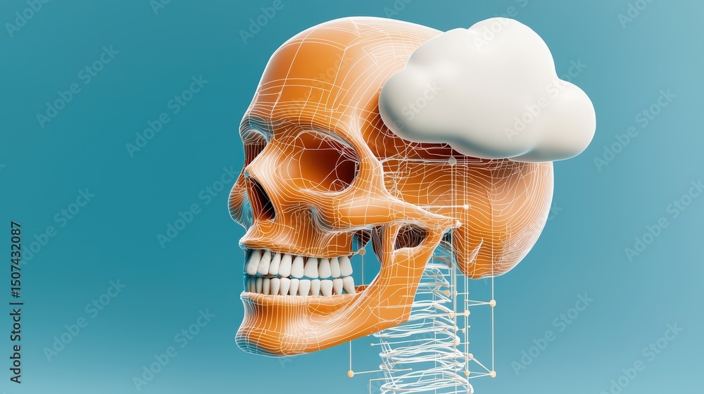 Poster abstract representation of human skull with cloud symbolizing thought and imagination in modern desi