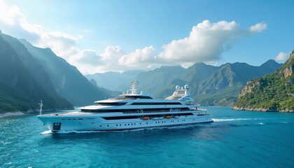 Luxury yacht cruising in clear blue waters surrounded by mountains  