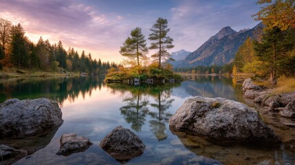 Serene lake landscape with island two trees reflections rocks forest mountains and soft light
