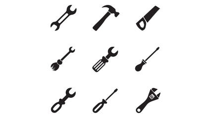 Collection of Black Tool Icons Wrench Hammer Saw Screwdriver Repair Maintenance