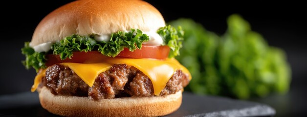 Highlighting a flavorful hamburger featuring cheddar cheese, crisp lettuce, and ripe tomato against a black backdrop to enhance its appeal