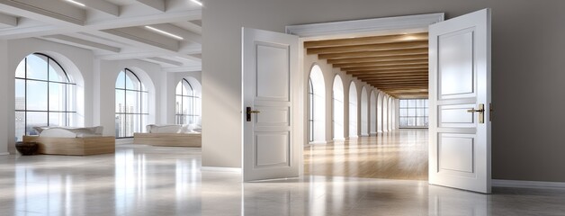 Obraz premium Soft shadows illuminate a minimalist white room featuring an open door that invites exploration into another space