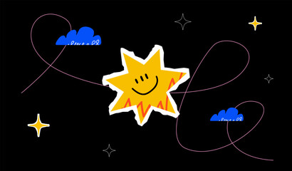 Stylized and vivid illustration featuring a textured smiling star. Print or cover design.
