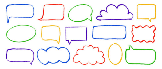 Fototapeta premium A set of various colorful hand-drawn frames. Crayon text boxes. A collection of speech bubbles for chat and advertising.