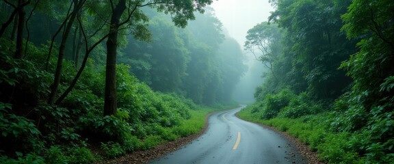 Fototapeta premium Serene winding road through lush green forest, enveloped in morning mist, creating a peaceful and tranquil atmosphere.