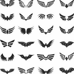 Naklejka premium Wing logo designs, vector wing set. Artistic wing illustrations including eagle, angel, bird, bat, and minimalist icons for tattoos, emblems, branding, or fantasy-themed projects.