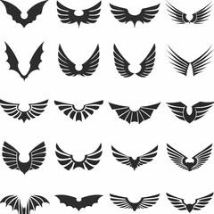 Naklejka premium Wing logo designs, vector wing set. Artistic wing illustrations including eagle, angel, bird, bat, and minimalist icons for tattoos, emblems, branding, or fantasy-themed projects.