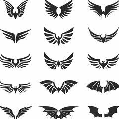 Fototapeta premium Wing logo designs, vector wing set. Artistic wing illustrations including eagle, angel, bird, bat, and minimalist icons for tattoos, emblems, branding, or fantasy-themed projects.