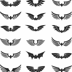 Obraz premium Wing logo designs, vector wing set. Artistic wing illustrations including eagle, angel, bird, bat, and minimalist icons for tattoos, emblems, branding, or fantasy-themed projects.