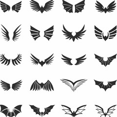 Fototapeta premium Wing logo designs, vector wing set. Artistic wing illustrations including eagle, angel, bird, bat, and minimalist icons for tattoos, emblems, branding, or fantasy-themed projects.
