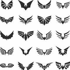 Naklejka premium Wing logo designs, vector wing set. Artistic wing illustrations including eagle, angel, bird, bat, and minimalist icons for tattoos, emblems, branding, or fantasy-themed projects.