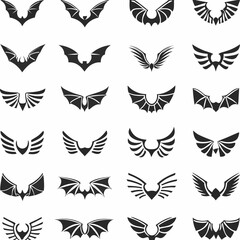 Fototapeta premium Wing logo designs, vector wing set. Artistic wing illustrations including eagle, angel, bird, bat, and minimalist icons for tattoos, emblems, branding, or fantasy-themed projects.