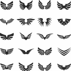 Wing logo designs, vector wing set. Artistic wing illustrations including eagle, angel, bird, bat, and minimalist icons for tattoos, emblems, branding, or fantasy-themed projects.