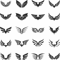 Obraz premium Wing logo designs, vector wing set. Artistic wing illustrations including eagle, angel, bird, bat, and minimalist icons for tattoos, emblems, branding, or fantasy-themed projects.