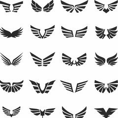 Fototapeta premium Wing logo designs, vector wing set. Artistic wing illustrations including eagle, angel, bird, bat, and minimalist icons for tattoos, emblems, branding, or fantasy-themed projects.