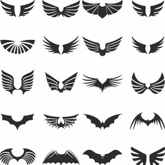 Fototapeta premium Wing logo designs, vector wing set. Artistic wing illustrations including eagle, angel, bird, bat, and minimalist icons for tattoos, emblems, branding, or fantasy-themed projects.