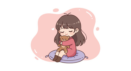 Obraz premium Girl hugging teddy bear on cushion with pink background in cozy warm scene 