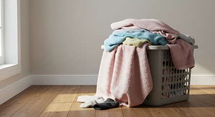 Laundry basket filled with colorful clothes in a bright room  