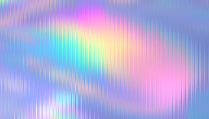 Abstract iridescent background with blurred pastel blue, green, yellow, pink light and vertical ribbed texture. Flowing holographic color design. Cool backdrop.