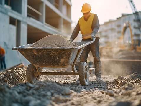 Construction Worker Pushing a Wheelbarrow of Sand - Powered by Adobe