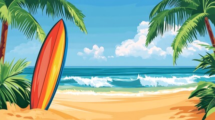 Colorful beach scene with surfboard.