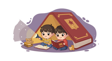 Two children reading books under a large book fort with teddy bear and flashlight in cozy indoor setting 