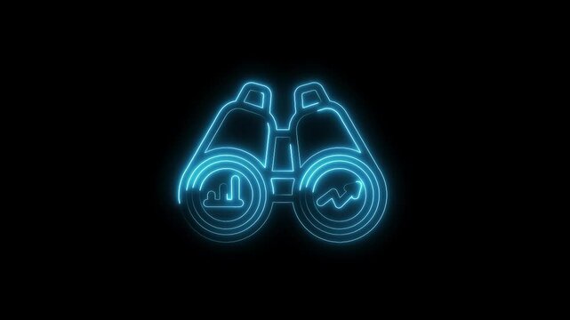 Illuminated binoculars with business charts representing investment strategies on a black background
